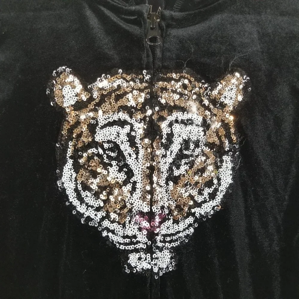 CHILDRENS Place Jacket Girls Medium 7-8 Black Velour‎ Sequin Tiger Full Zip Hood